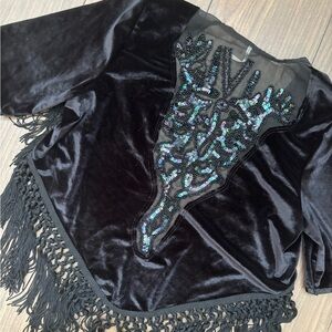 Free People Black Velvet Fringe Jacket with Iridescent Beaded Detail